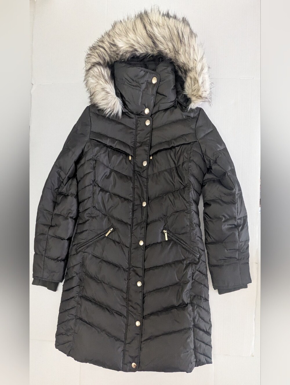 Michael Kors Women's Dark Green Down Puffer Coat Faux Four Trim Hooded Size M